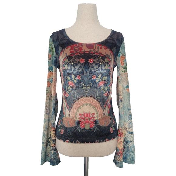 VTG 90's CLIO Floral Velvet Rhinestone Bell Sleeve Top Sz S Boho Artsy Eclectic - Picture 1 of 10